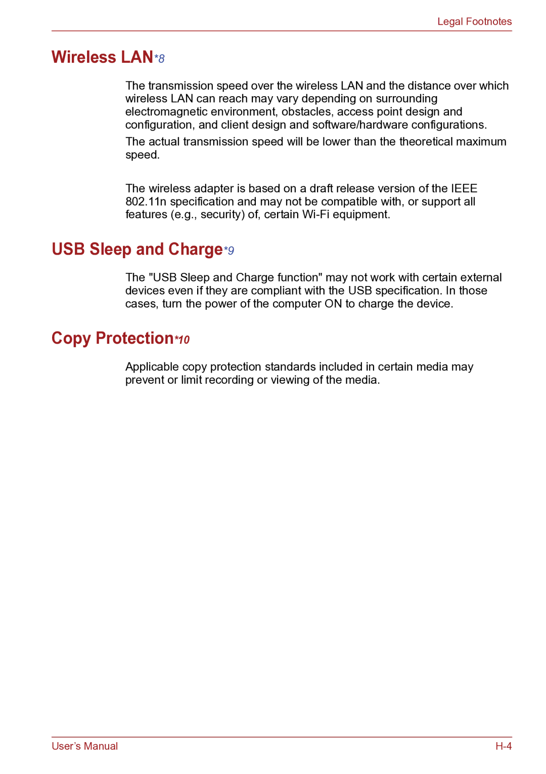 Toshiba TECRA R10 user manual Wireless LAN*8, USB Sleep and Charge*9, Copy Protection*10 