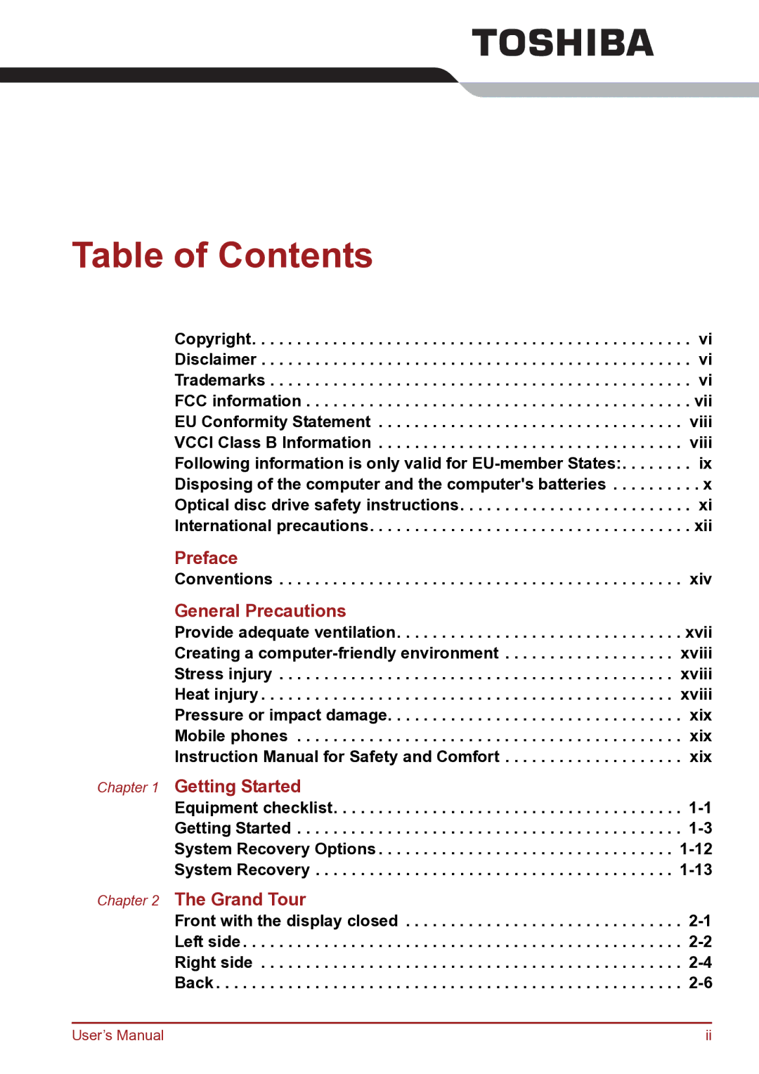 Toshiba TECRA R10 user manual Table of Contents 