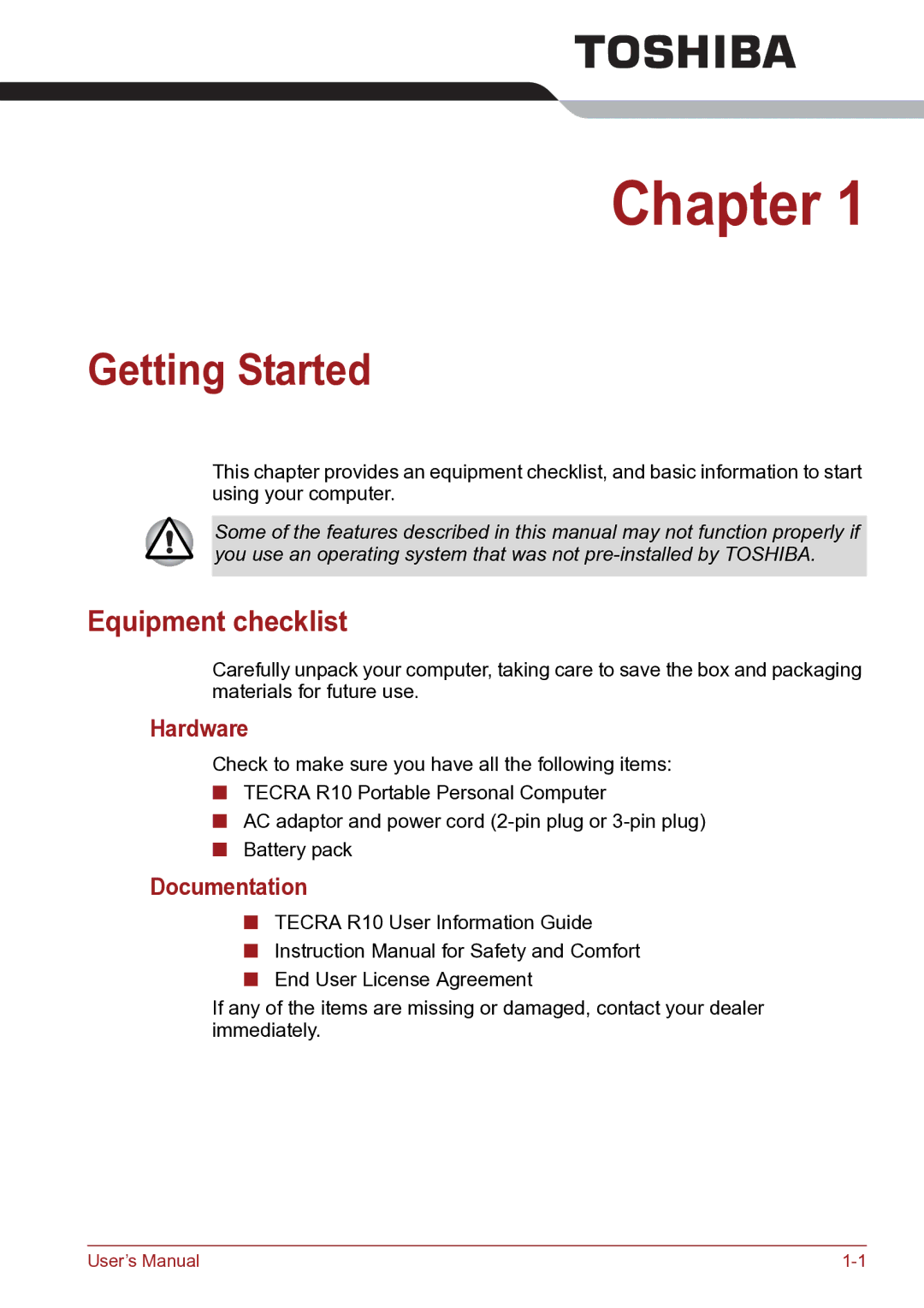 Toshiba TECRA R10 user manual Getting Started, Equipment checklist, Hardware, Documentation 