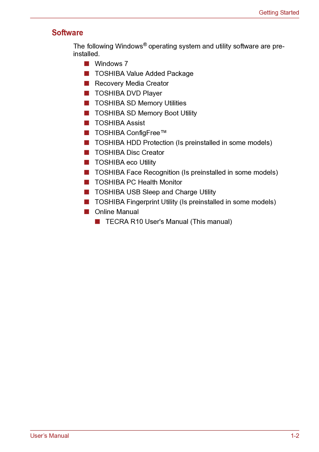 Toshiba TECRA R10 user manual Software 