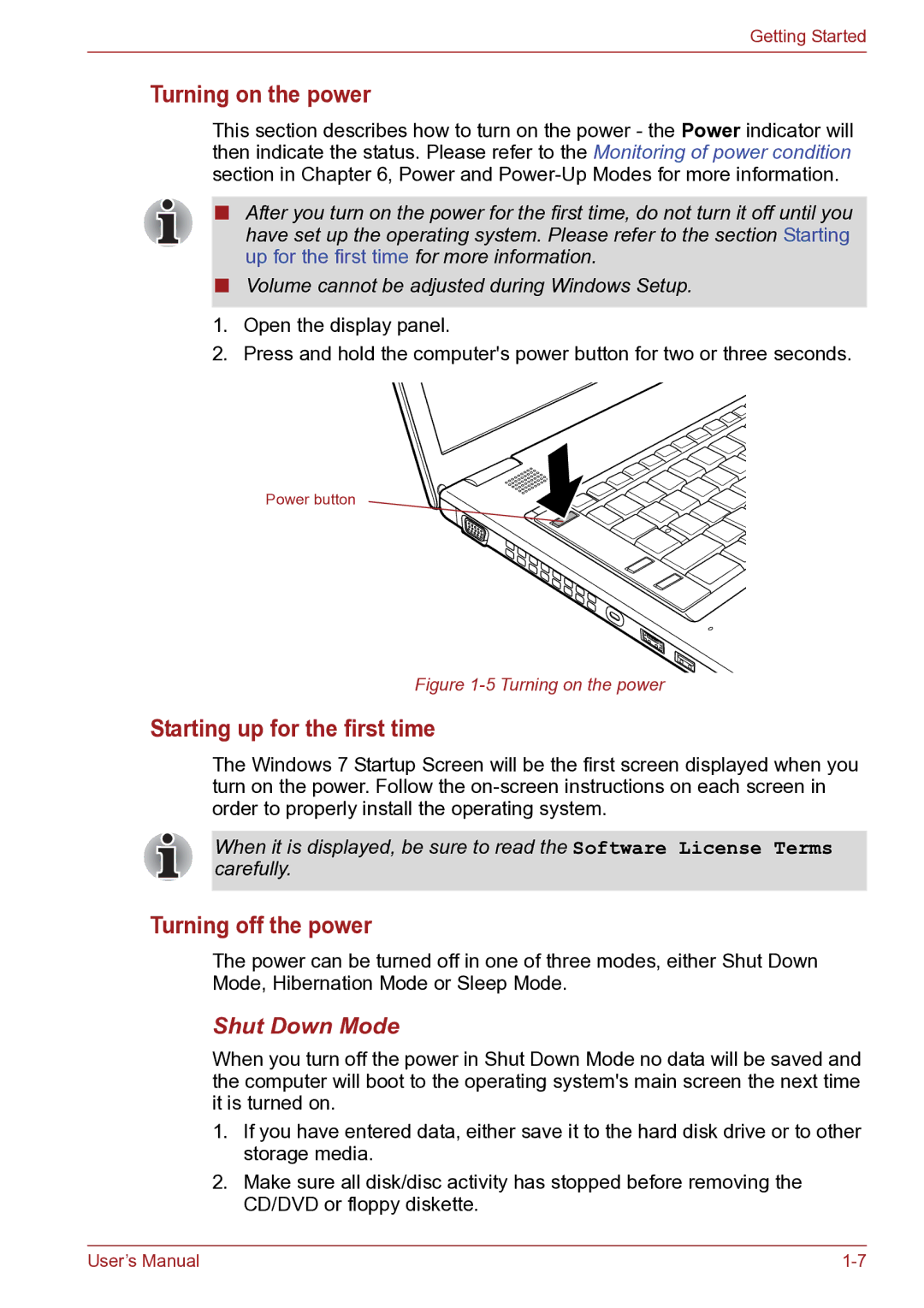 Toshiba TECRA R10 user manual Turning on the power, Starting up for the first time, Turning off the power, Shut Down Mode 