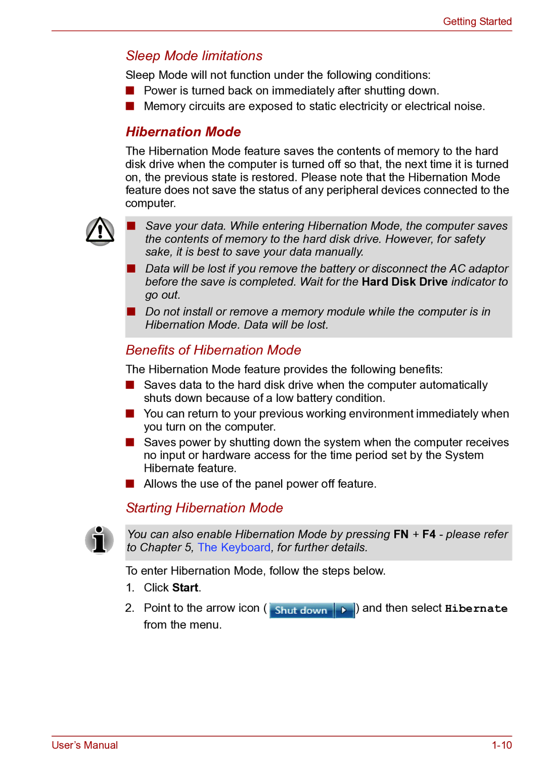 Toshiba TECRA R10 user manual Sleep Mode limitations, Hibernation Mode 