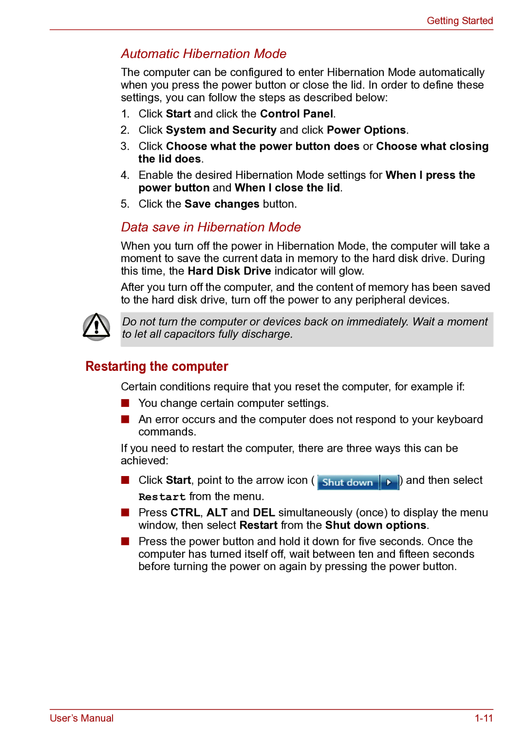 Toshiba TECRA R10 user manual Restarting the computer, Automatic Hibernation Mode 