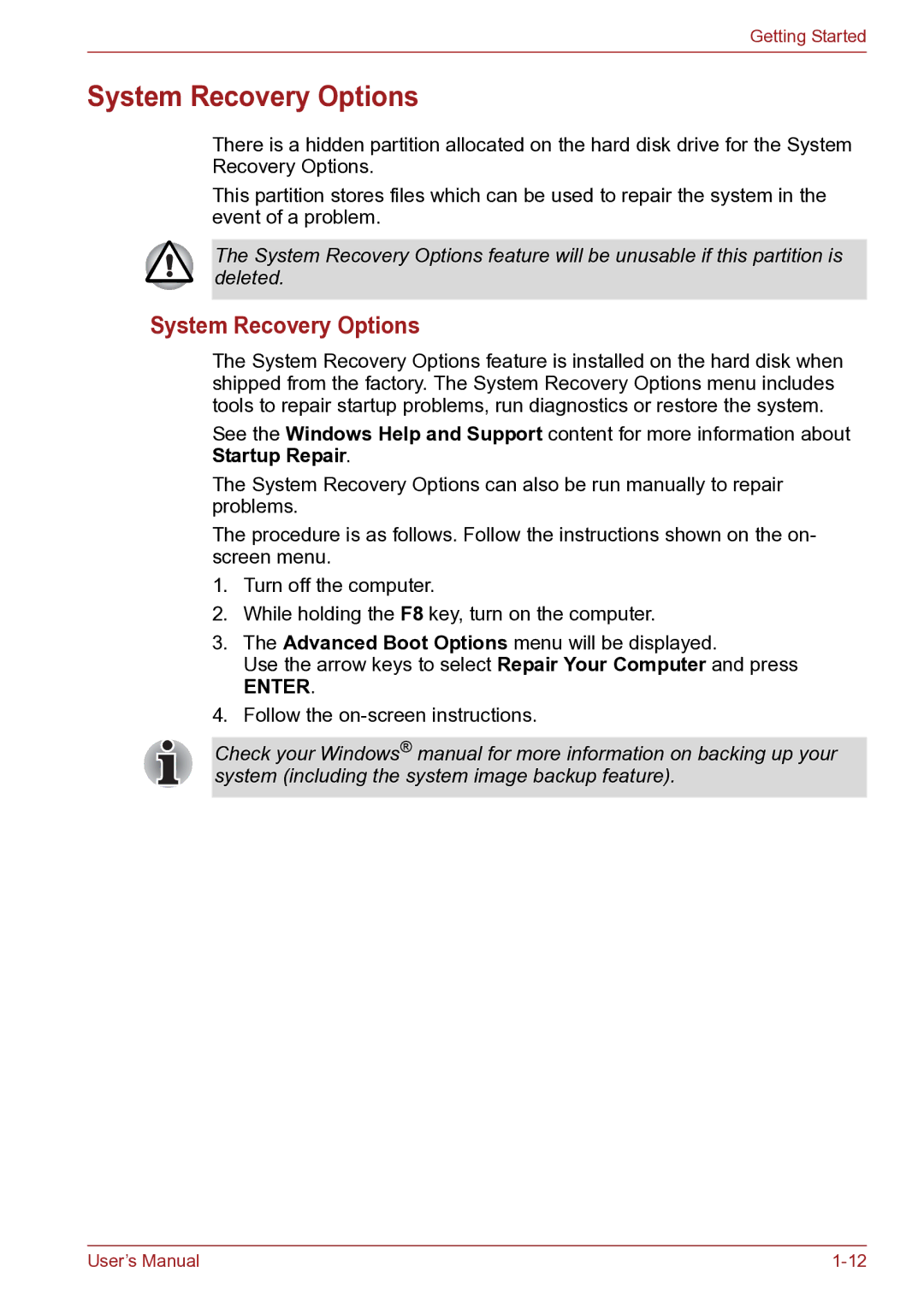 Toshiba TECRA R10 user manual System Recovery Options 