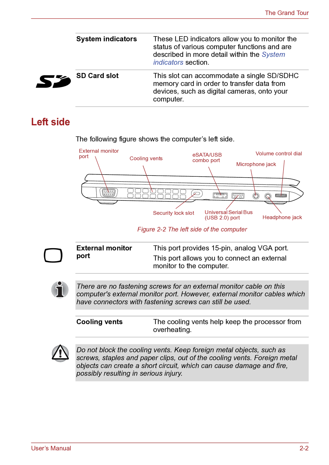 Toshiba TECRA R10 user manual Left side, System indicators, SD Card slot, Cooling vents 