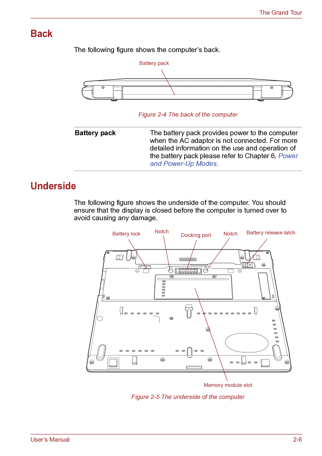 Toshiba TECRA R10 user manual Back, Underside, Battery pack 