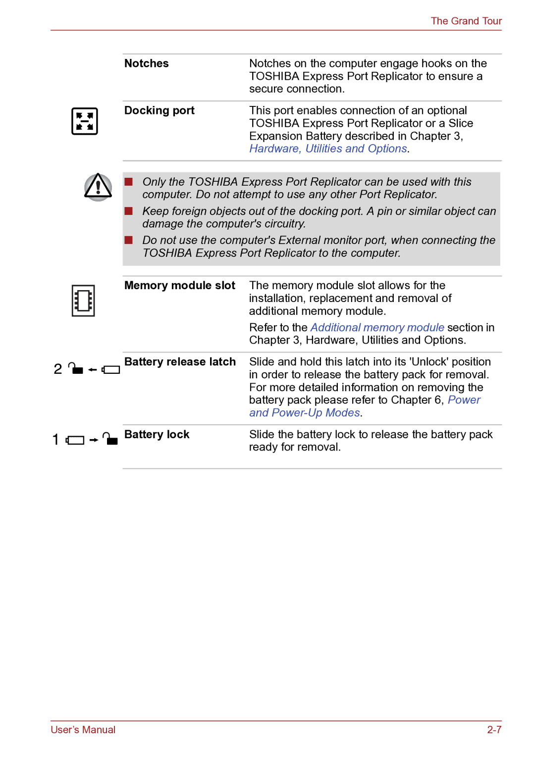 Toshiba TECRA R10 user manual Notches, Docking port, Battery lock 