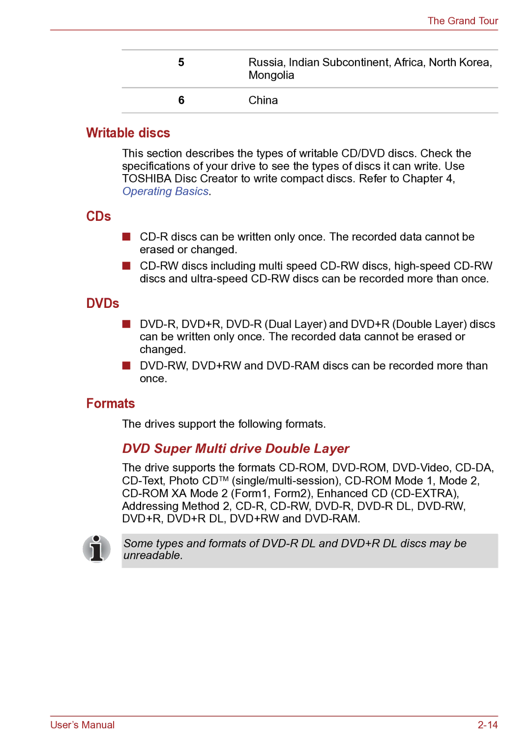 Toshiba TECRA R10 user manual Writable discs, CDs, DVDs, Formats, DVD Super Multi drive Double Layer 