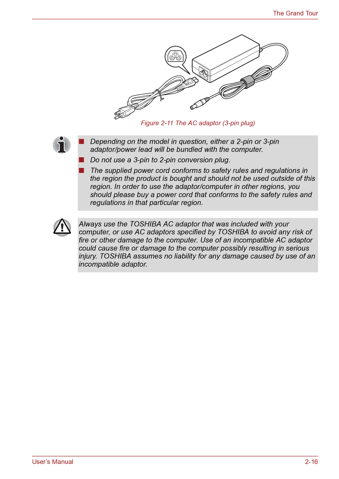 Toshiba TECRA R10 user manual The AC adaptor 3-pin plug 