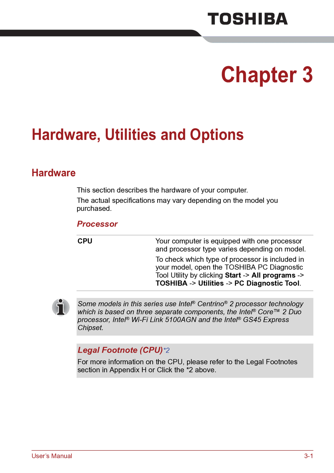 Toshiba TECRA R10 Hardware, Utilities and Options, Processor, Legal Footnote CPU*2, Toshiba Utilities PC Diagnostic Tool 