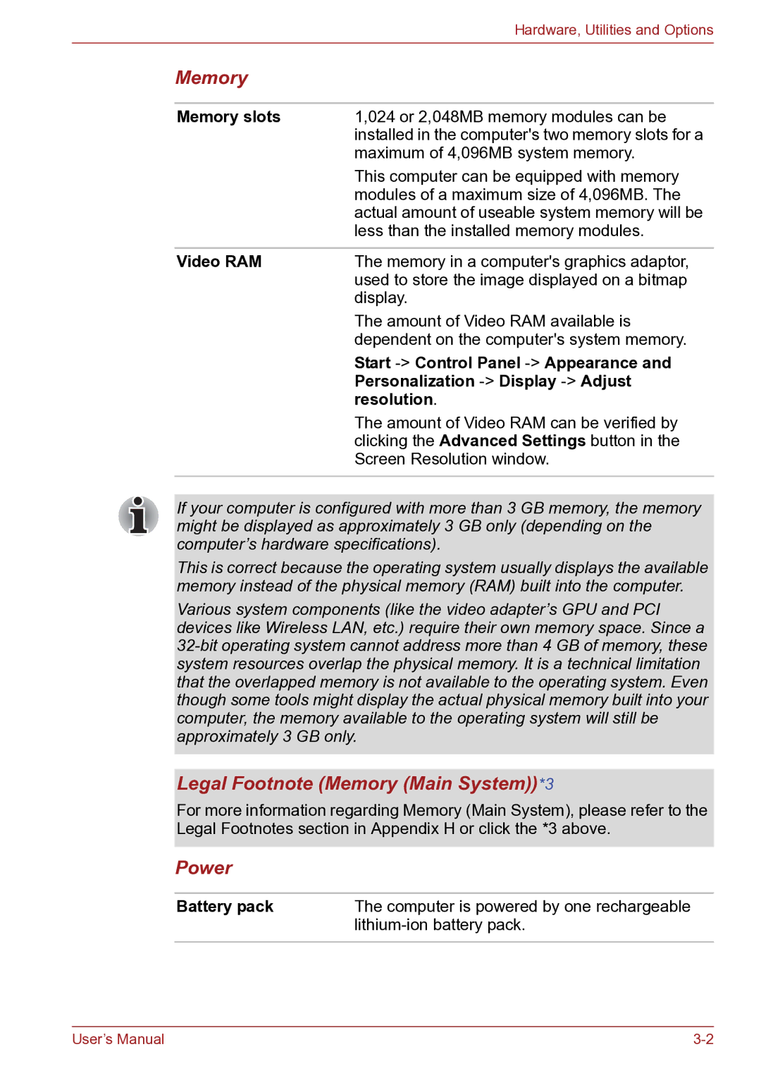 Toshiba TECRA R10 user manual Legal Footnote Memory Main System*3, Power 