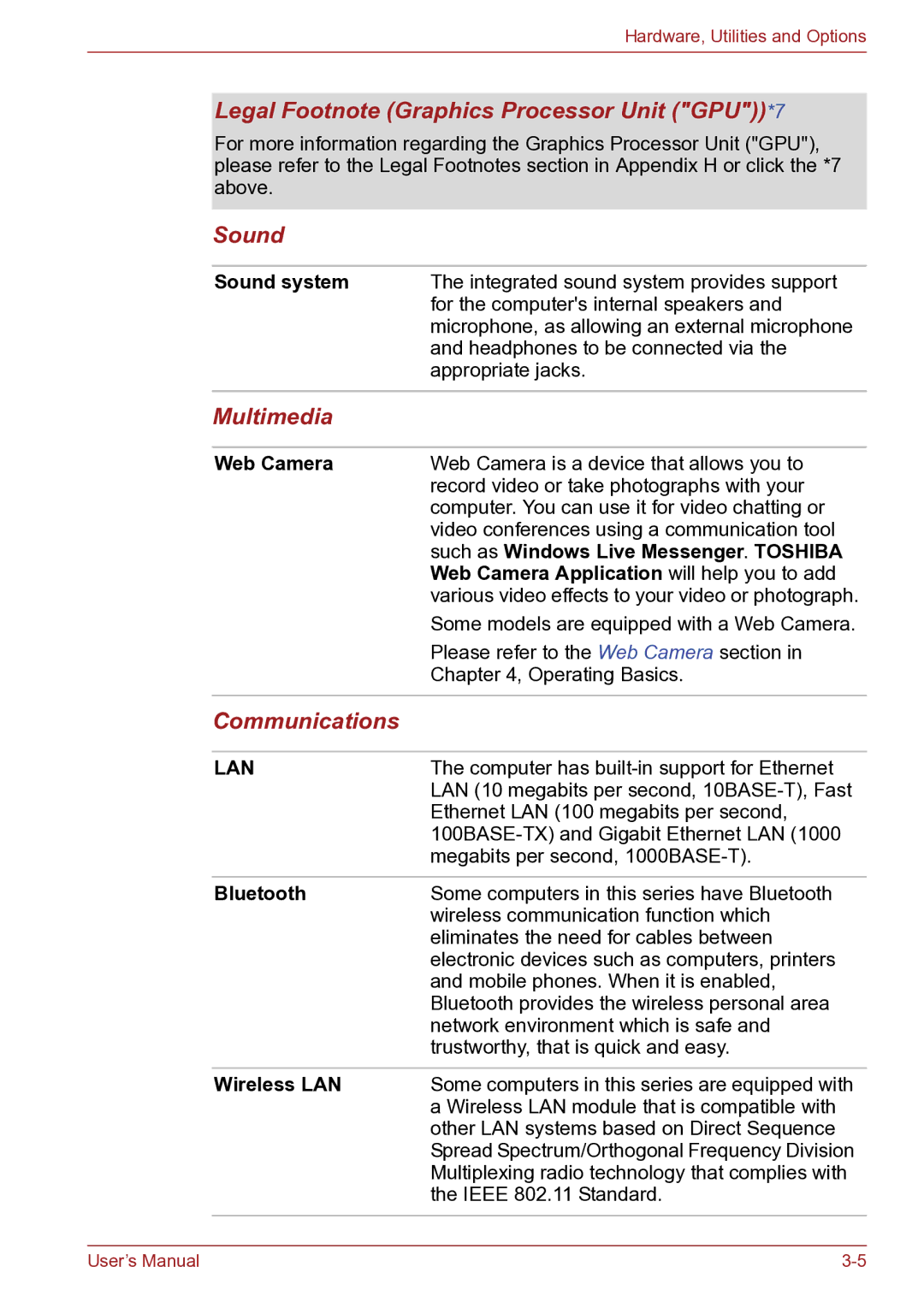 Toshiba TECRA R10 user manual Legal Footnote Graphics Processor Unit GPU*7, Sound, Multimedia, Communications 