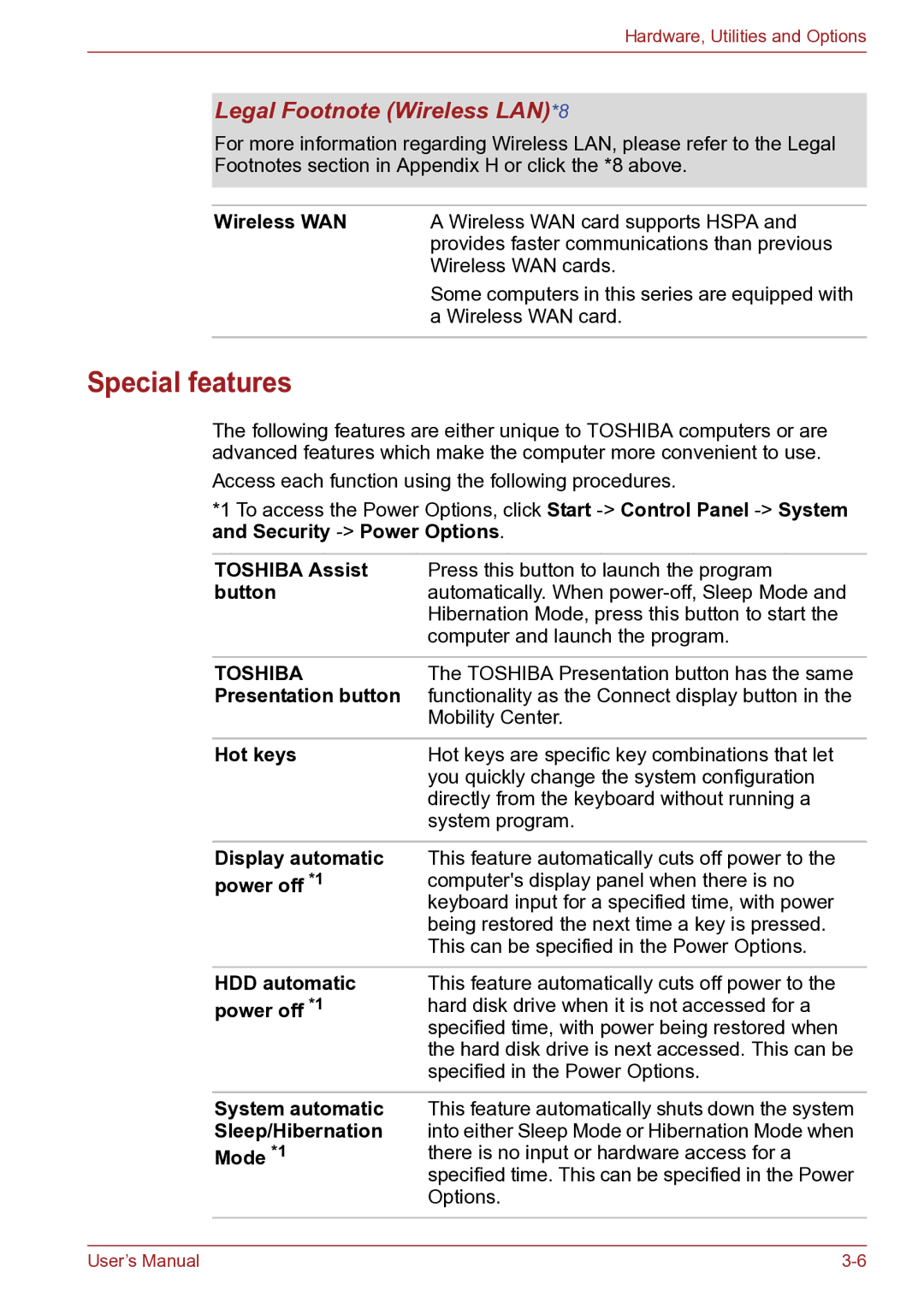 Toshiba TECRA R10 user manual Special features, Legal Footnote Wireless LAN*8 