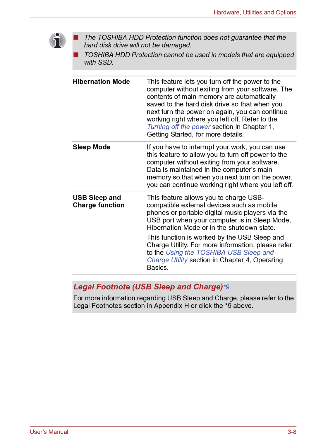 Toshiba TECRA R10 user manual Legal Footnote USB Sleep and Charge*9, Hibernation Mode, Sleep Mode, Charge function 