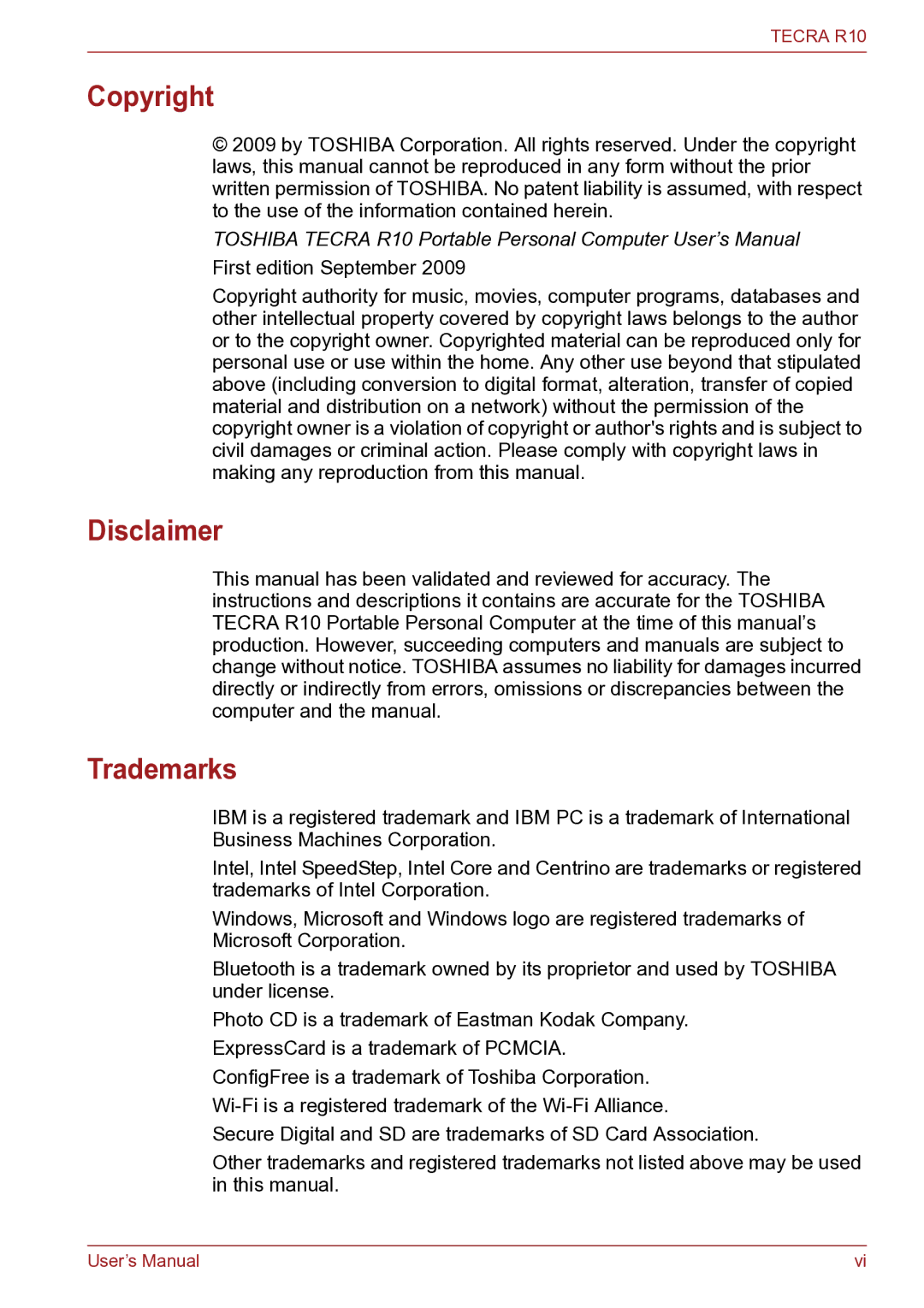 Toshiba TECRA R10 user manual Copyright, Disclaimer, Trademarks 