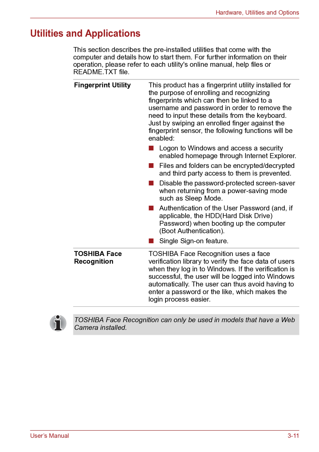 Toshiba TECRA R10 user manual Utilities and Applications, Fingerprint Utility, Toshiba Face, Recognition 