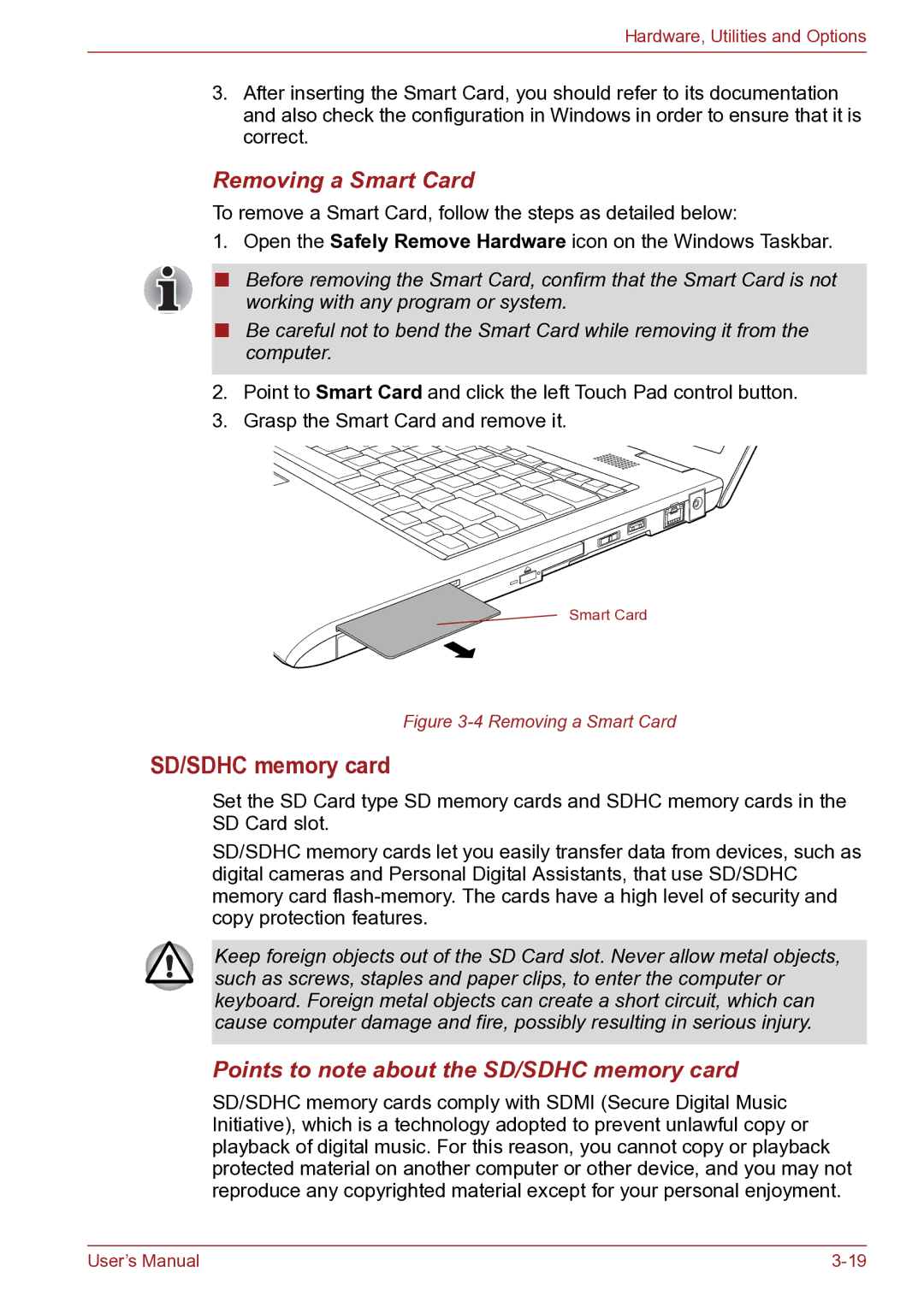 Toshiba TECRA R10 user manual Removing a Smart Card, Points to note about the SD/SDHC memory card 