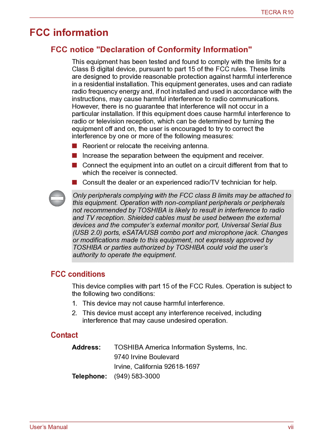 Toshiba TECRA R10 user manual FCC information, FCC notice Declaration of Conformity Information, FCC conditions, Contact 