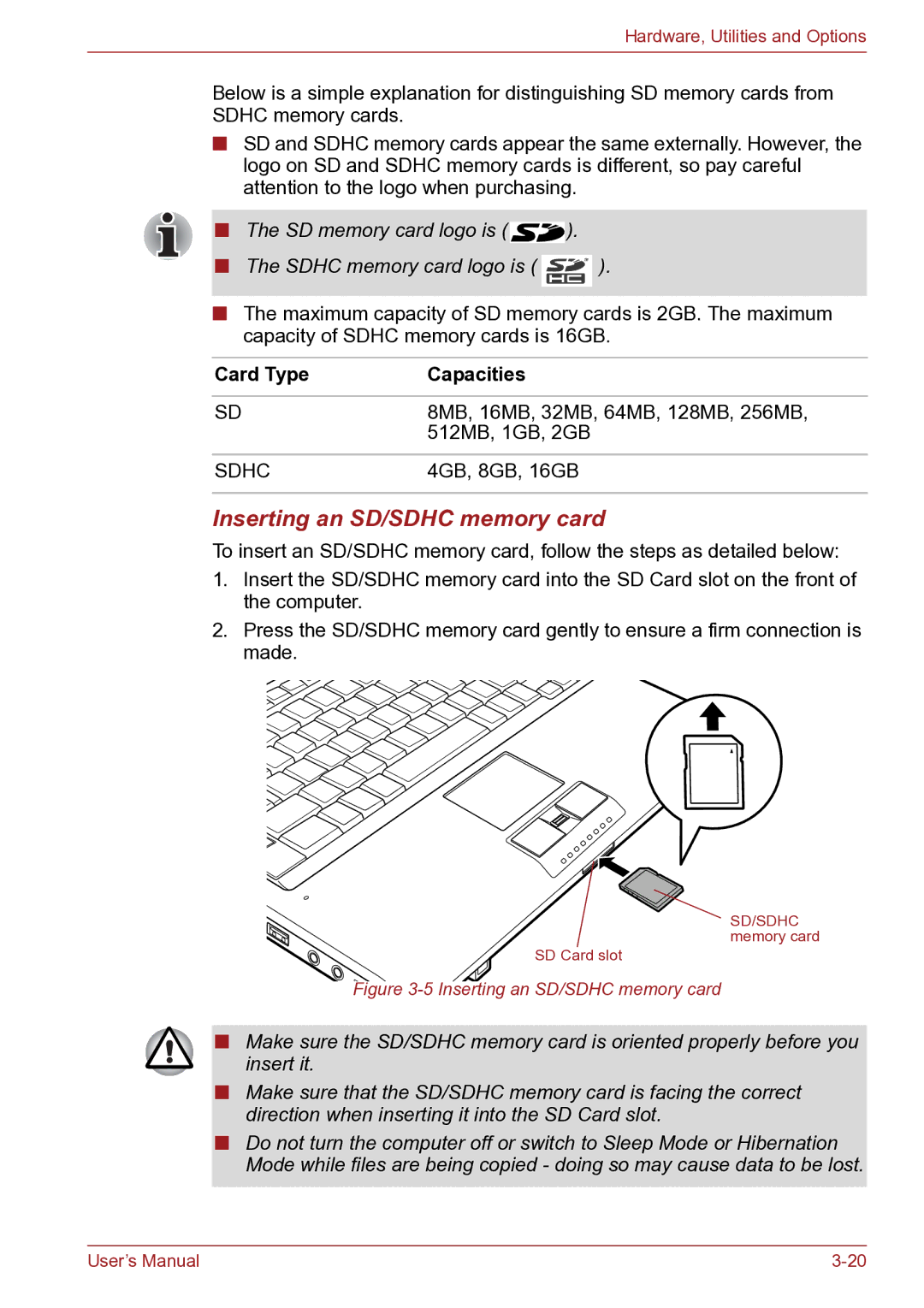 Toshiba TECRA R10 user manual Inserting an SD/SDHC memory card, Card Type Capacities 