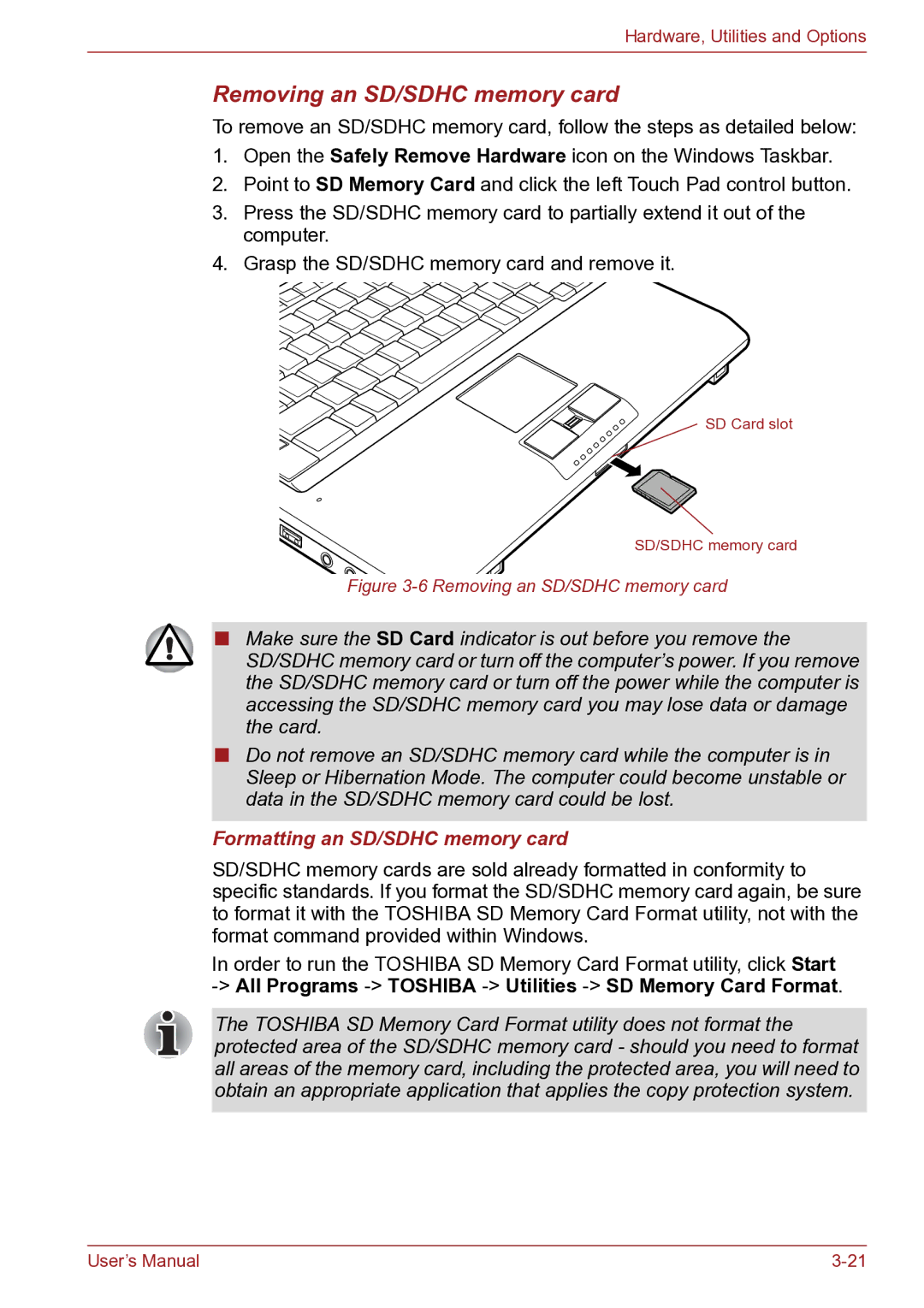 Toshiba TECRA R10 user manual Removing an SD/SDHC memory card, Formatting an SD/SDHC memory card 