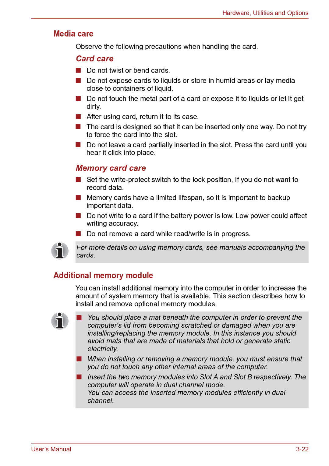 Toshiba TECRA R10 user manual Media care, Additional memory module, Card care, Memory card care 