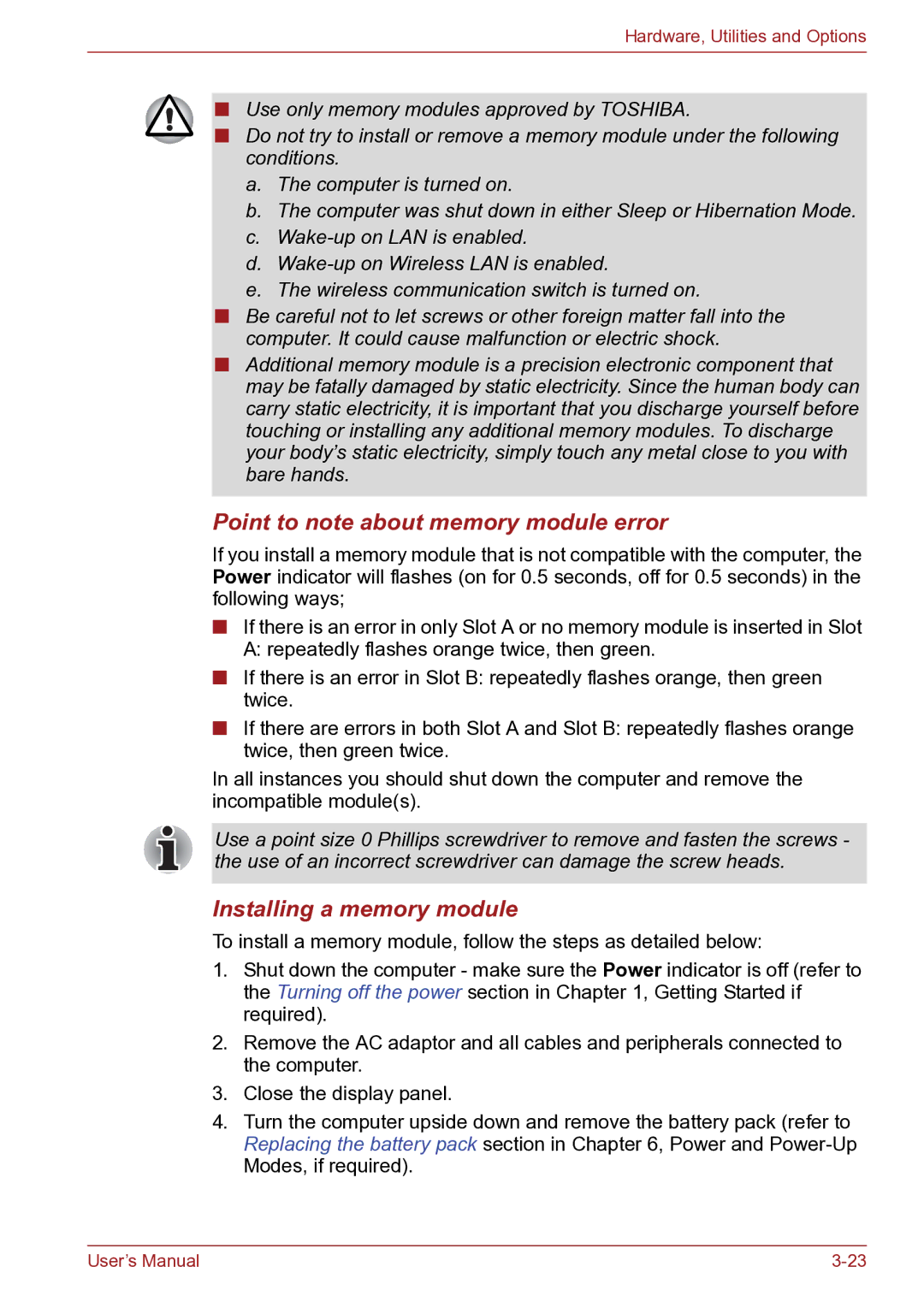 Toshiba TECRA R10 user manual Point to note about memory module error, Installing a memory module 