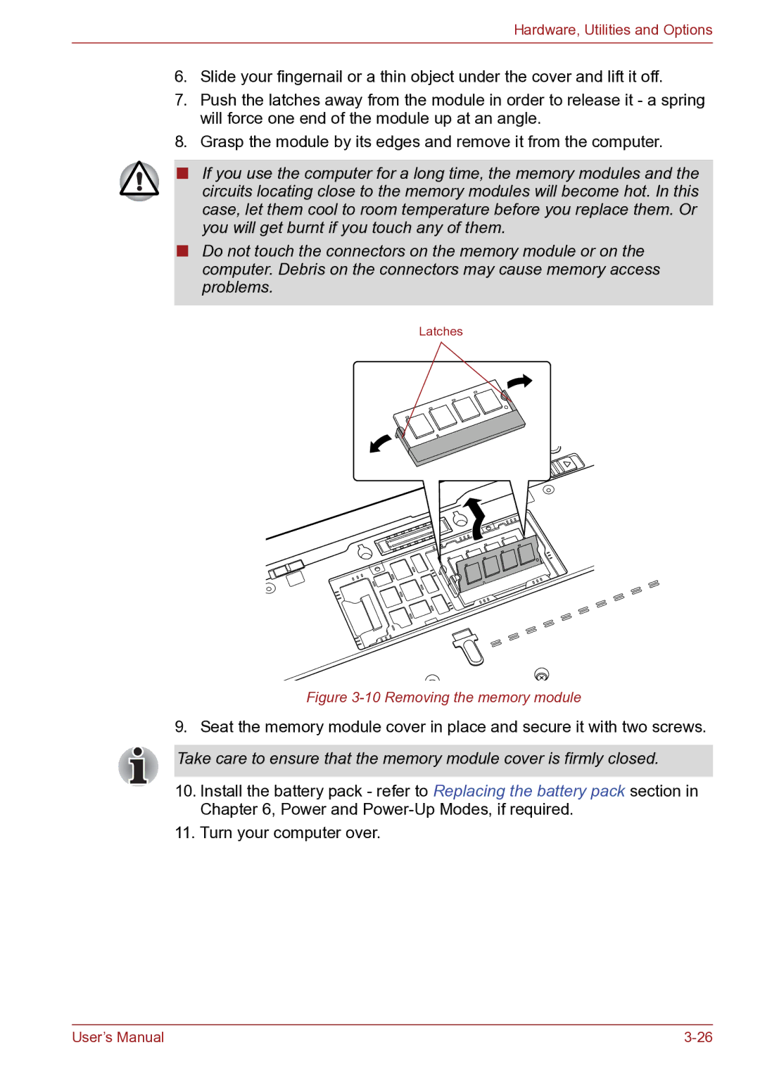 Toshiba TECRA R10 user manual Removing the memory module 