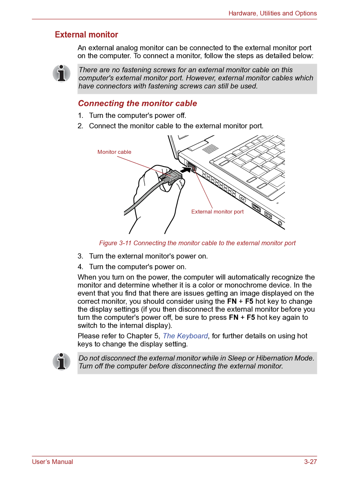 Toshiba TECRA R10 user manual External monitor, Connecting the monitor cable 