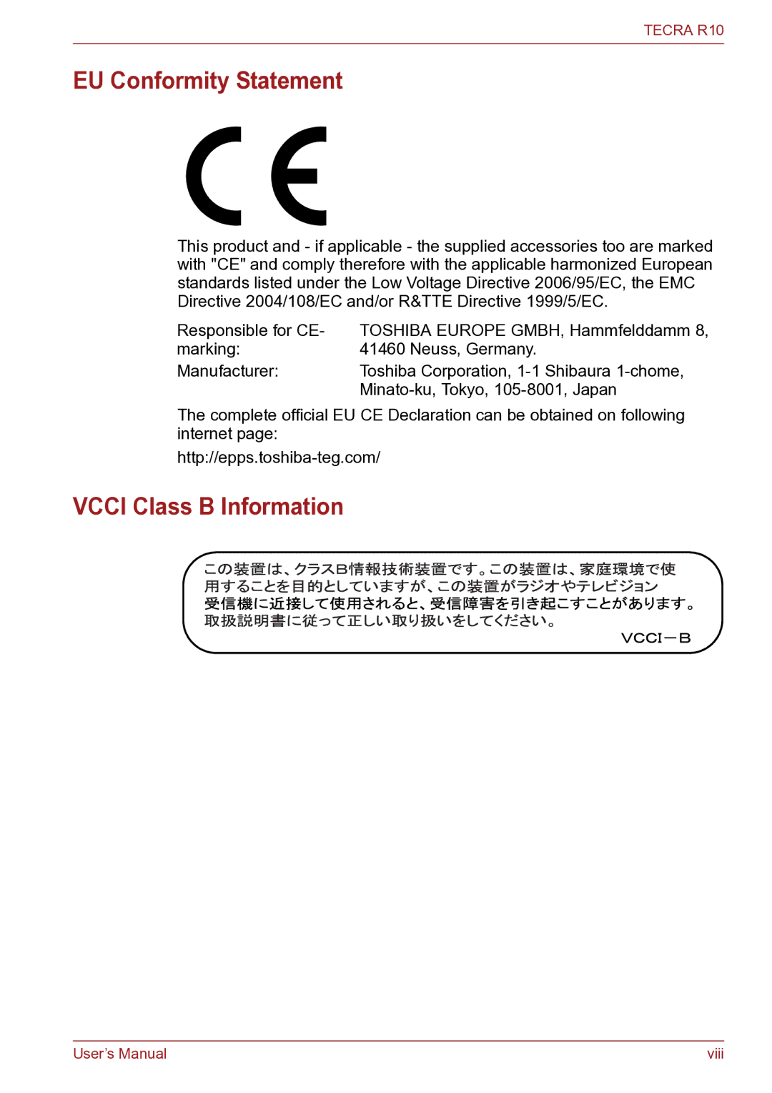 Toshiba TECRA R10 user manual EU Conformity Statement, Vcci Class B Information 