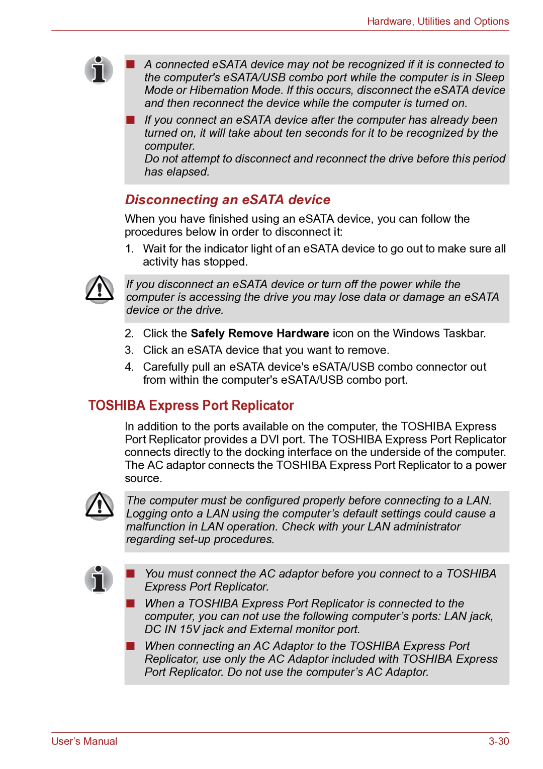 Toshiba TECRA R10 user manual Toshiba Express Port Replicator, Disconnecting an eSATA device 