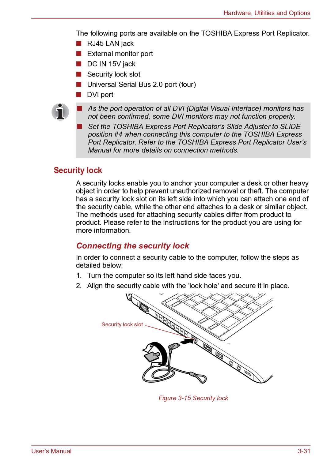 Toshiba TECRA R10 user manual Security lock, Connecting the security lock 