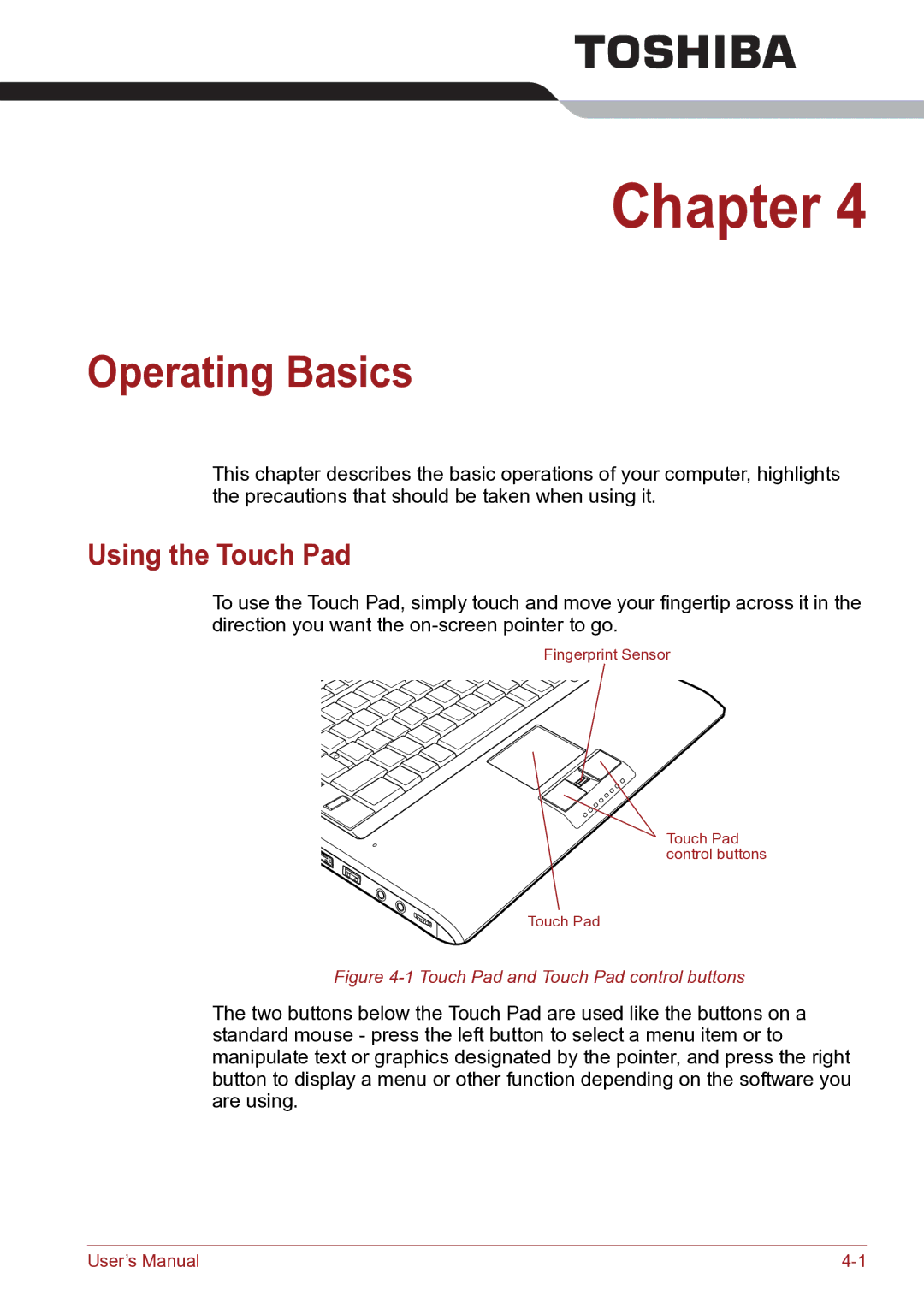 Toshiba TECRA R10 user manual Operating Basics, Using the Touch Pad 