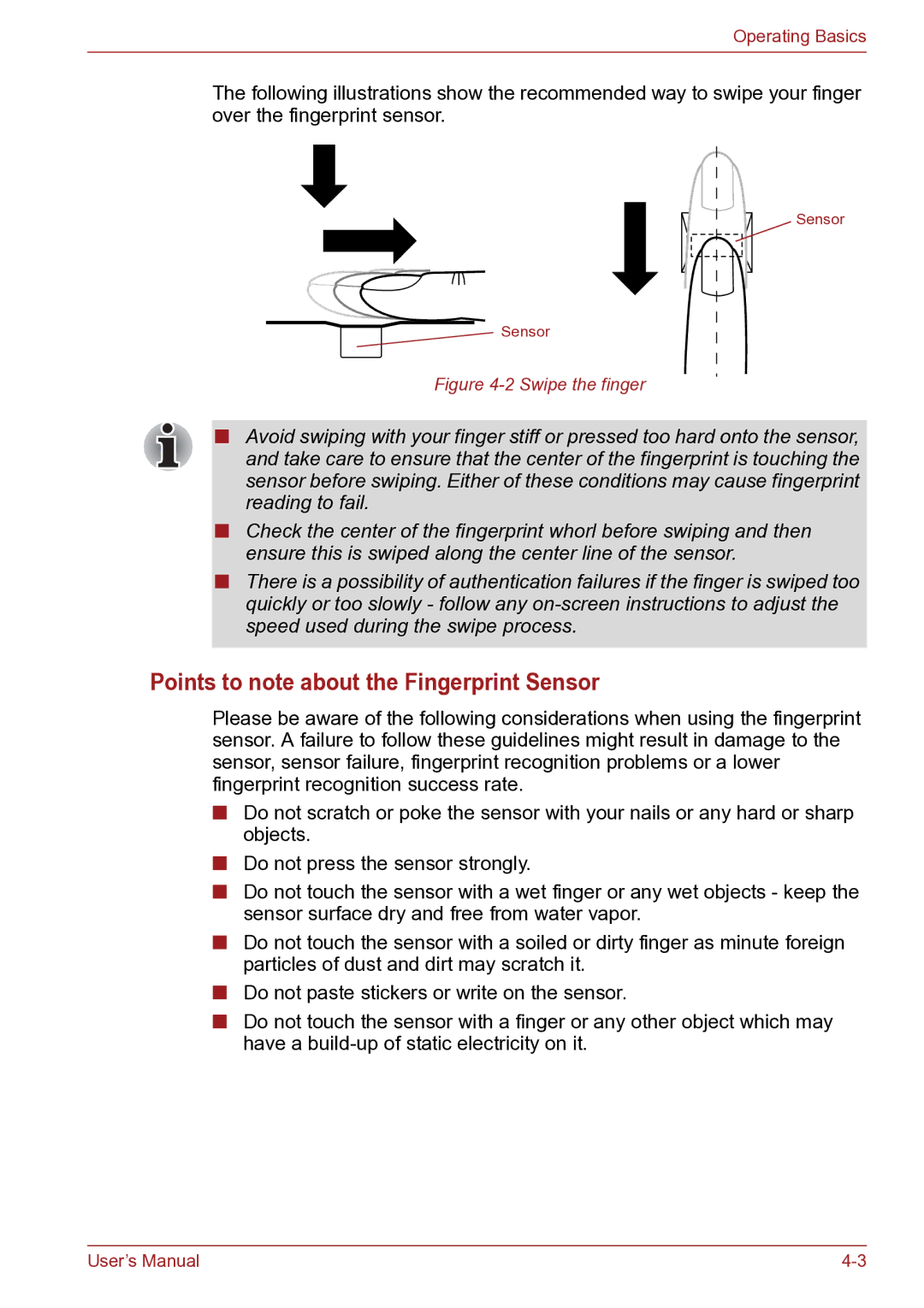 Toshiba TECRA R10 user manual Points to note about the Fingerprint Sensor, Swipe the finger 