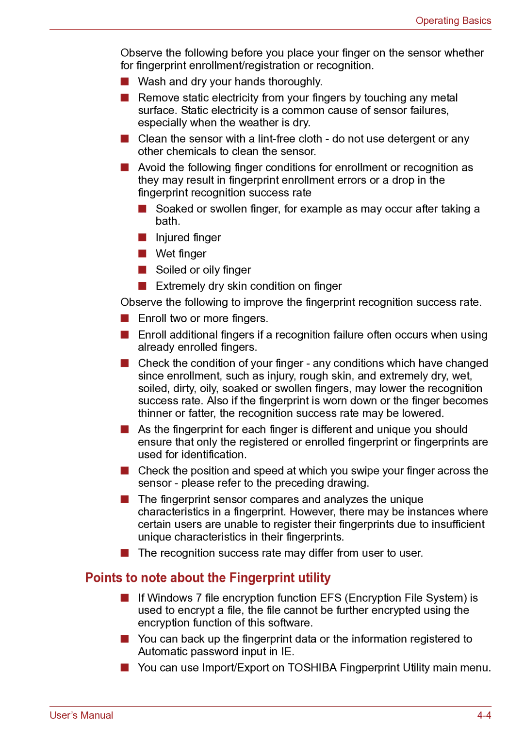 Toshiba TECRA R10 user manual Points to note about the Fingerprint utility 