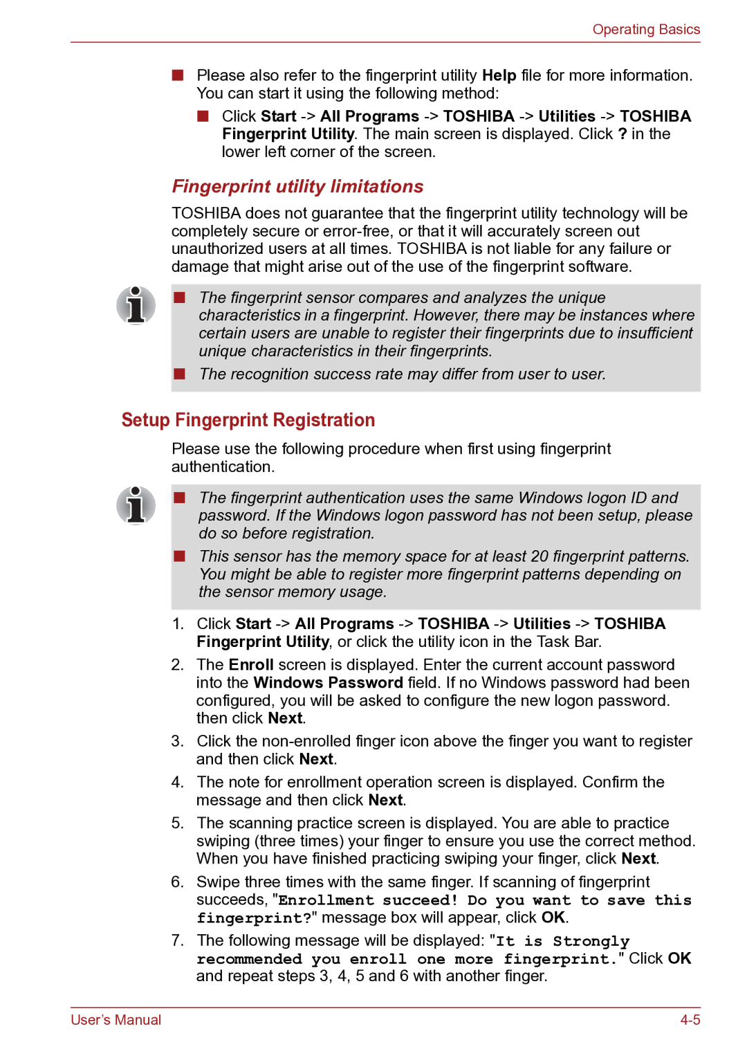 Toshiba TECRA R10 user manual Setup Fingerprint Registration, Fingerprint utility limitations 