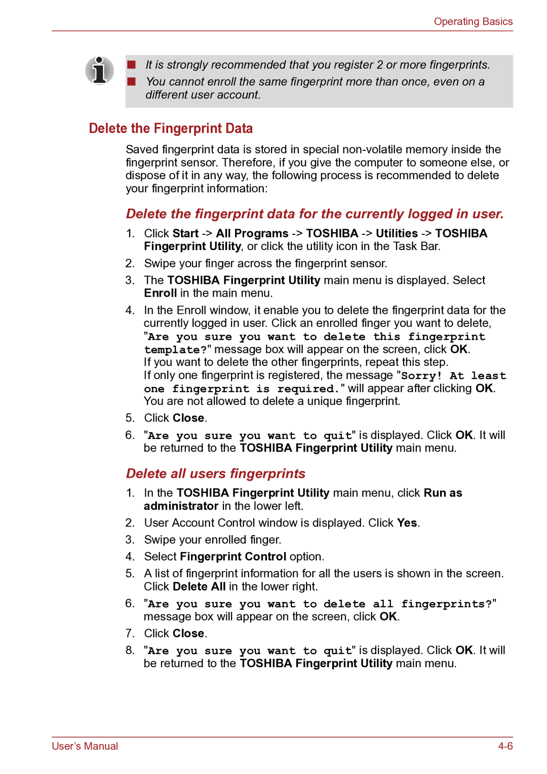 Toshiba TECRA R10 user manual Delete the Fingerprint Data, Delete all users fingerprints, Select Fingerprint Control option 