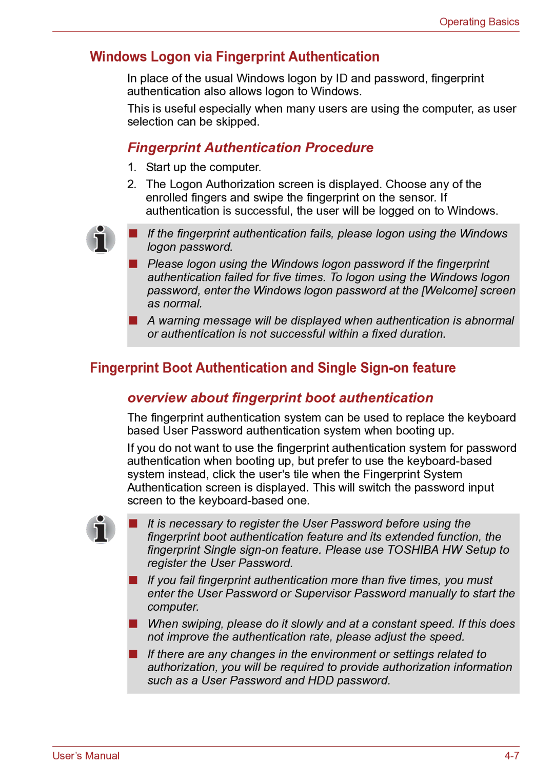 Toshiba TECRA R10 Windows Logon via Fingerprint Authentication, Fingerprint Boot Authentication and Single Sign-on feature 