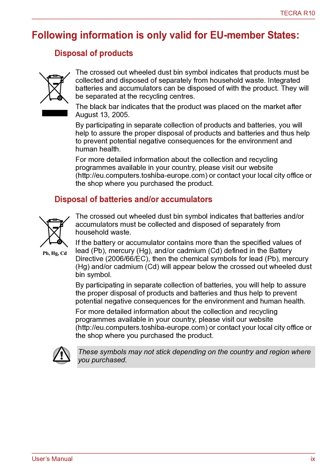 Toshiba TECRA R10 user manual Following information is only valid for EU-member States, Disposal of products 