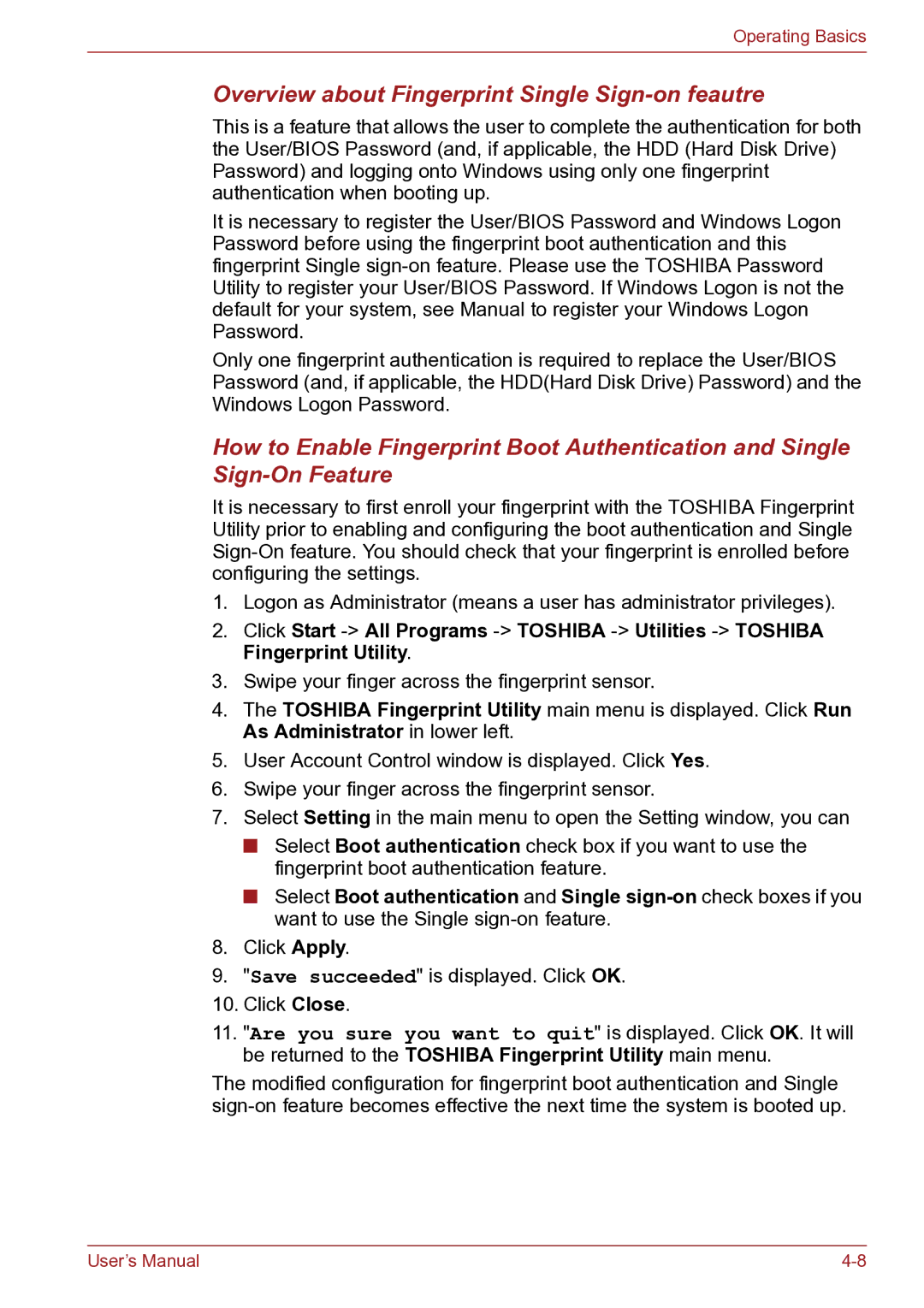 Toshiba TECRA R10 user manual Overview about Fingerprint Single Sign-on feautre 