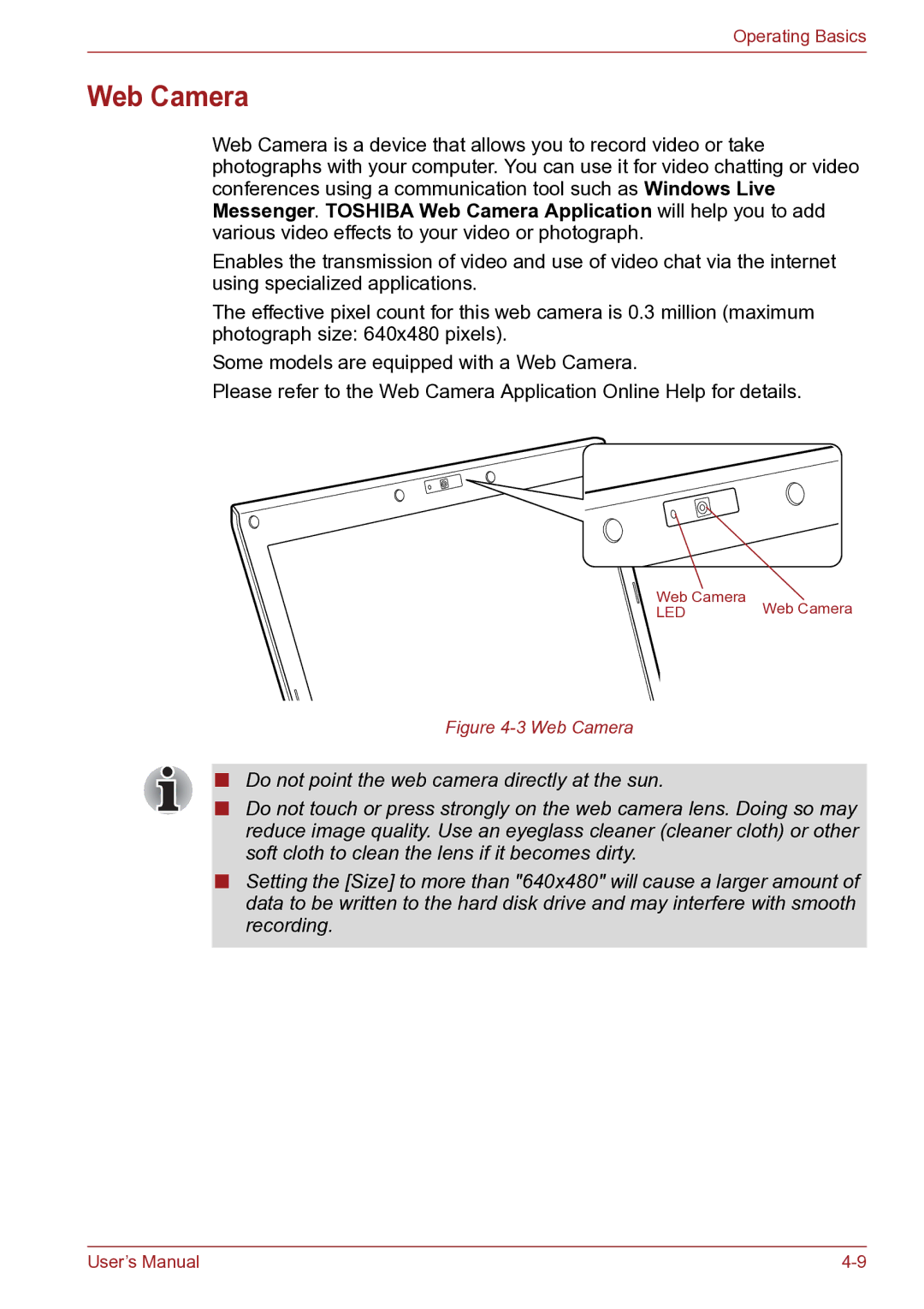 Toshiba TECRA R10 user manual Web Camera 