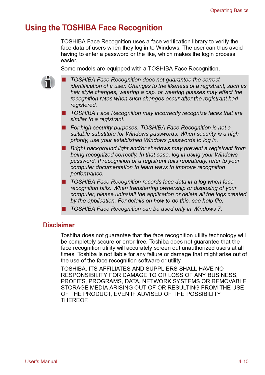 Toshiba TECRA R10 user manual Using the Toshiba Face Recognition, Disclaimer 