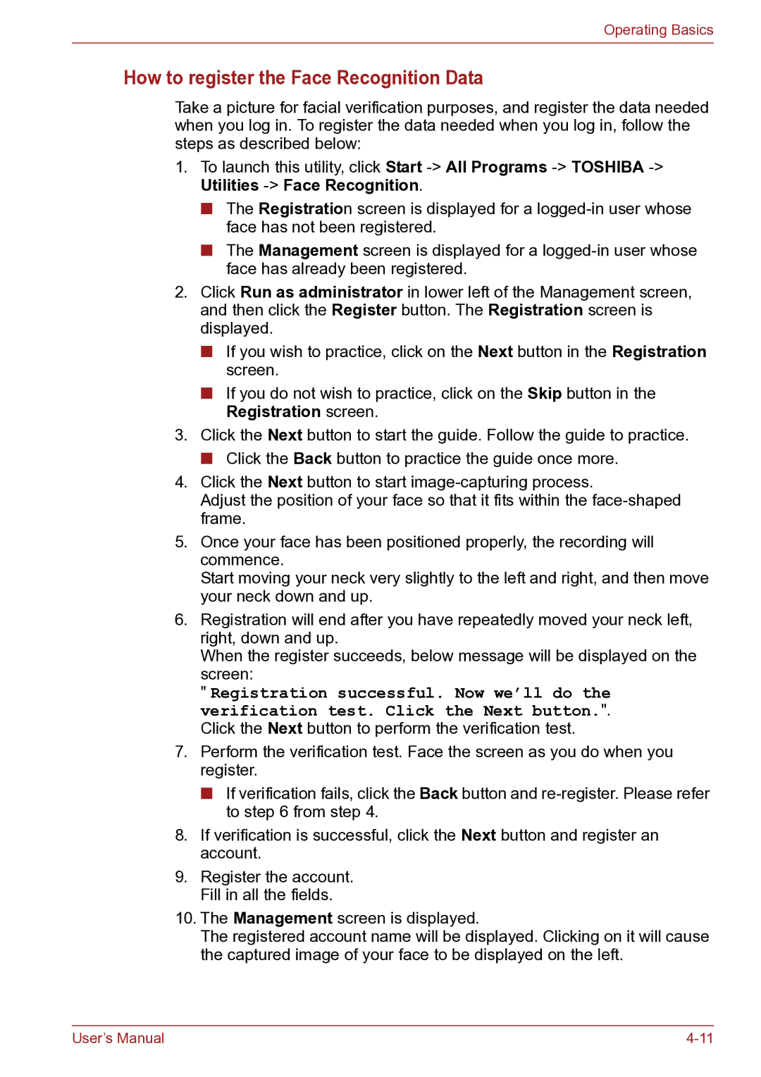 Toshiba TECRA R10 user manual How to register the Face Recognition Data 