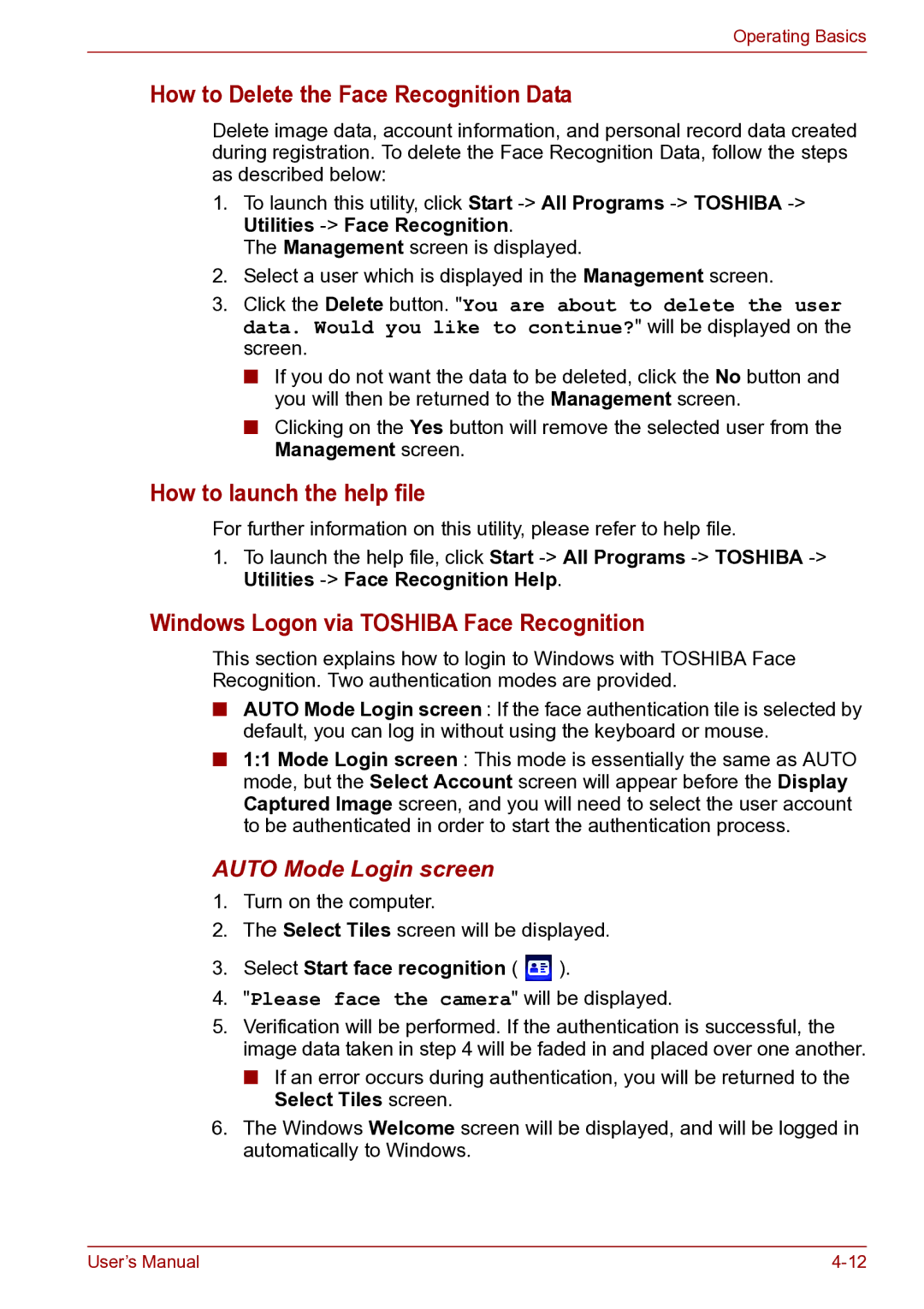 Toshiba TECRA R10 user manual How to Delete the Face Recognition Data, How to launch the help file, Auto Mode Login screen 