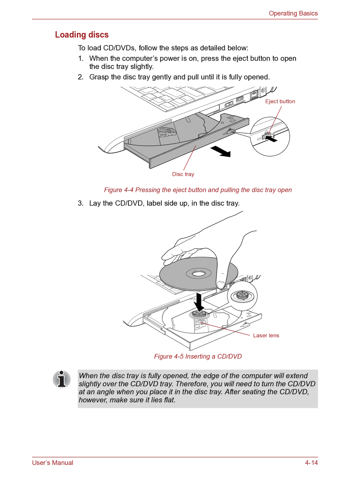 Toshiba TECRA R10 user manual Loading discs, Pressing the eject button and pulling the disc tray open 