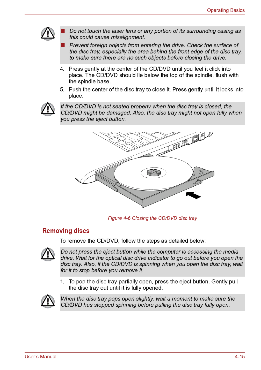 Toshiba TECRA R10 user manual Removing discs, Closing the CD/DVD disc tray 