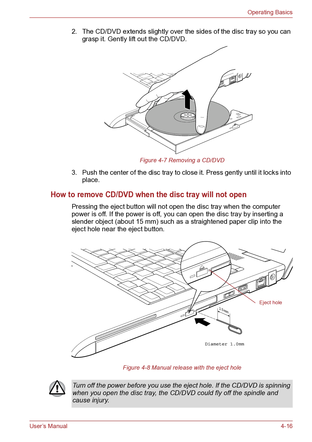 Toshiba TECRA R10 user manual How to remove CD/DVD when the disc tray will not open, Removing a CD/DVD 