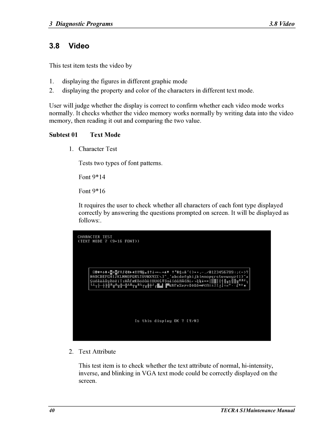 Toshiba TECRA S1 manual Diagnostic Programs Video, Subtest 