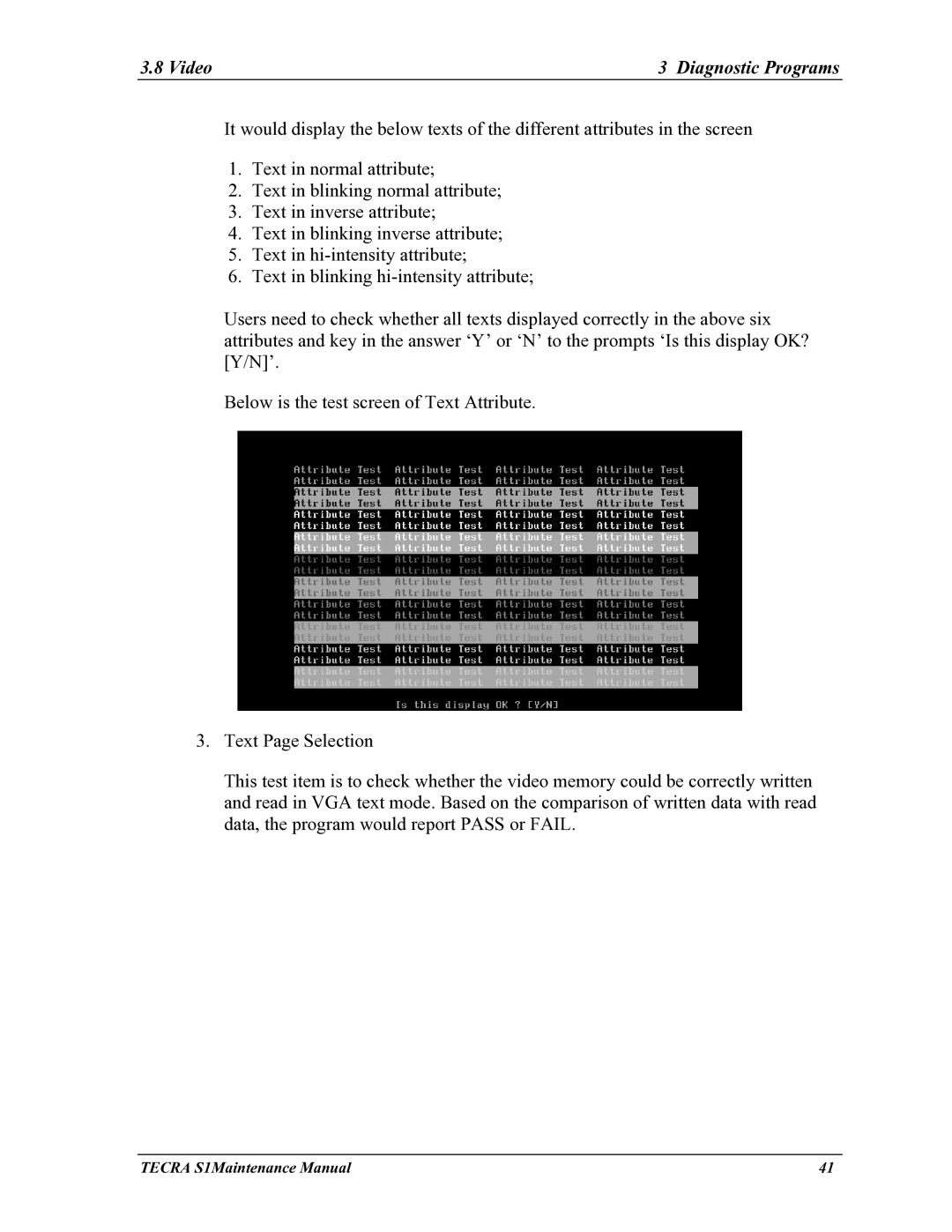 Toshiba TECRA S1 manual Video Diagnostic Programs 