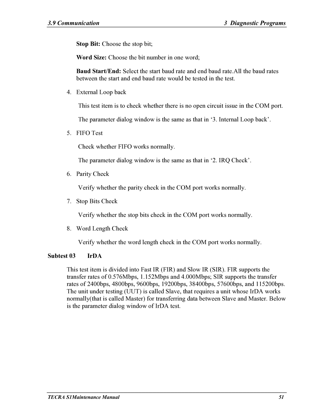 Toshiba TECRA S1 manual Subtest IrDA 