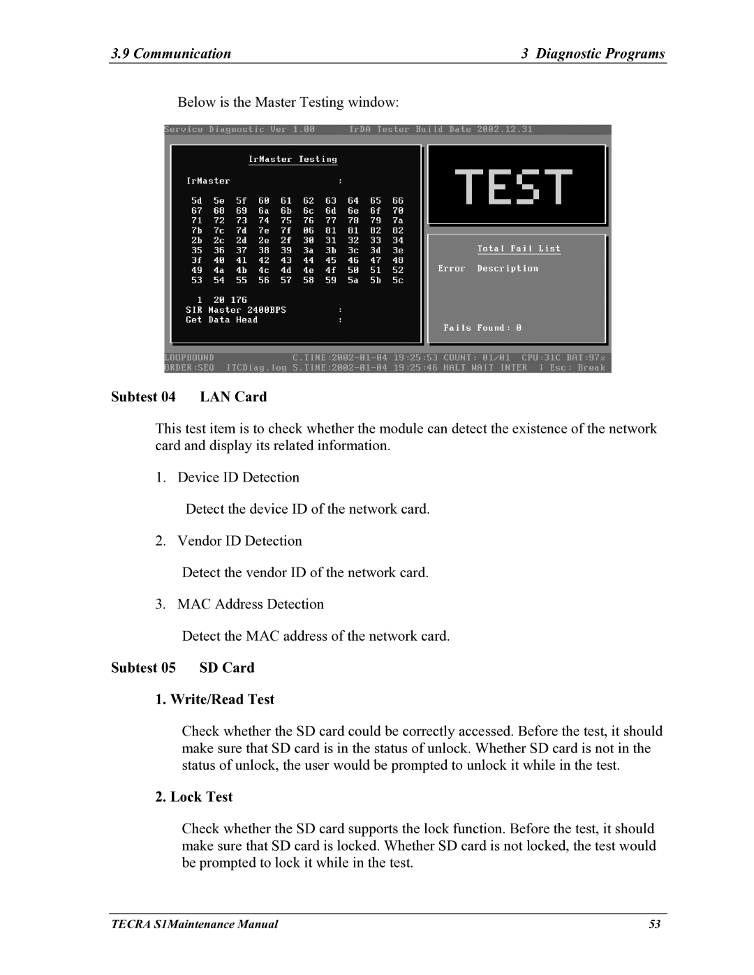 Toshiba TECRA S1 manual Subtest 04 LAN Card, Subtest 05 SD Card Write/Read Test, Lock Test 